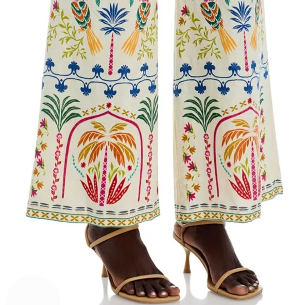 Johnny Was Pants L Ivory 100% Linen Soller Wide Leg Embroidered Boho New $225